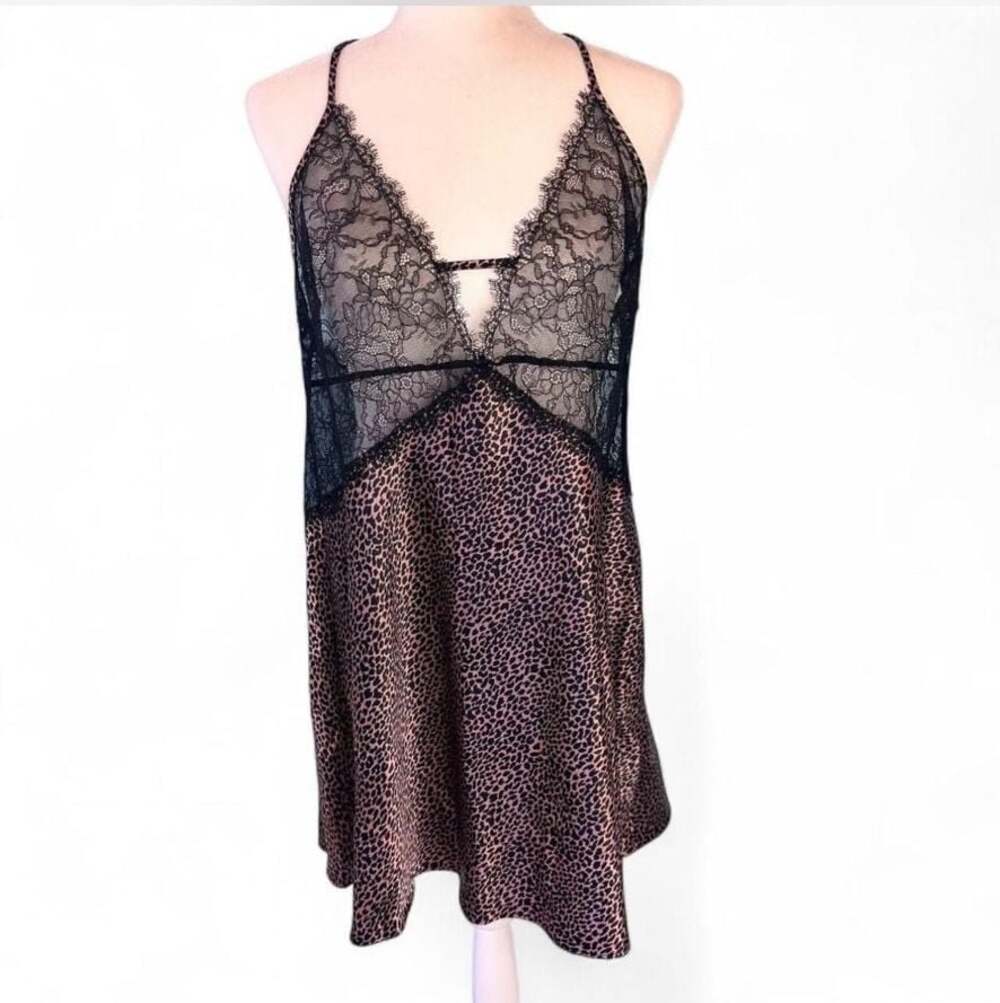 Victoria's Secret Black and Pink Leopard Print Satin and Lace Slip Dress XL
